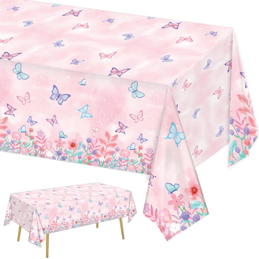 LINHAXM 3 Pack Butterfly Tablecloths – Disposable Plastic Table Covers, 108 x 54 in for Kids' Birthday Parties