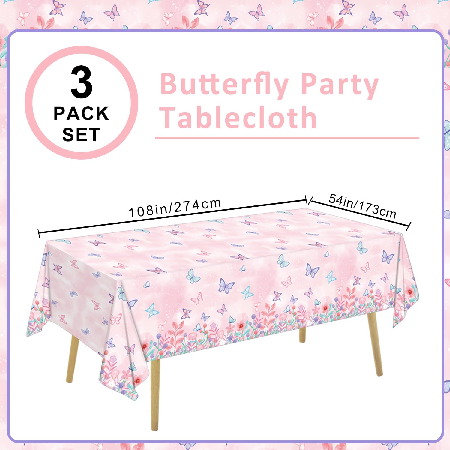 LINHAXM 3 Pack Butterfly Tablecloths – Disposable Plastic Table Covers, 108 x 54 in for Kids' Birthday Parties