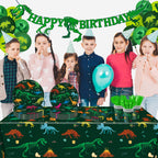 LINHAXM 166 PCS Dinosaur Birthday Decorations Kit – Plates, Cups, Banner, Tablecloth, Balloons for 20