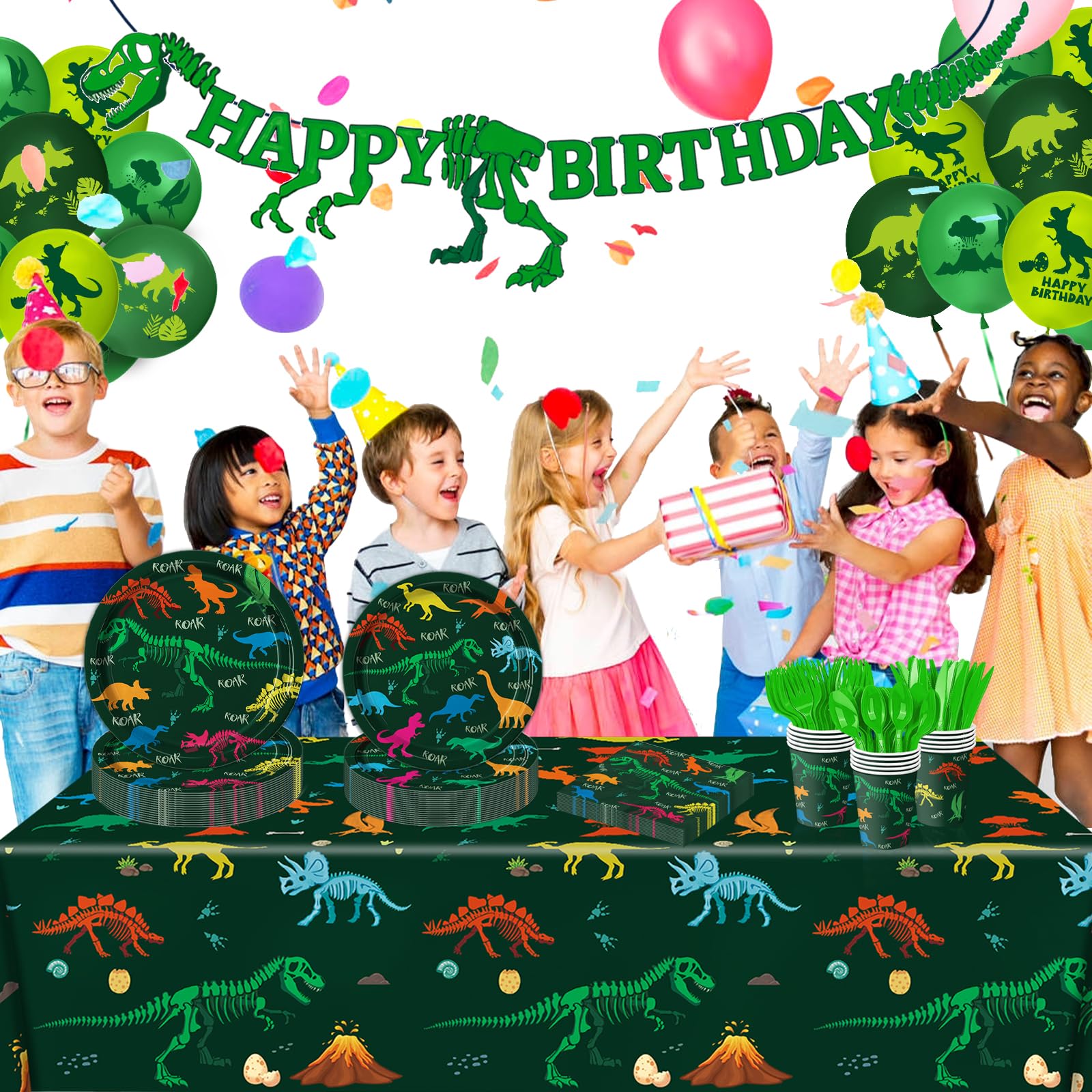 LINHAXM 166 PCS Dinosaur Birthday Decorations Kit – Plates, Cups, Banner, Tablecloth, Balloons for 20