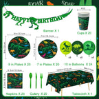 LINHAXM 166 PCS Dinosaur Birthday Decorations Kit – Plates, Cups, Banner, Tablecloth, Balloons for 20