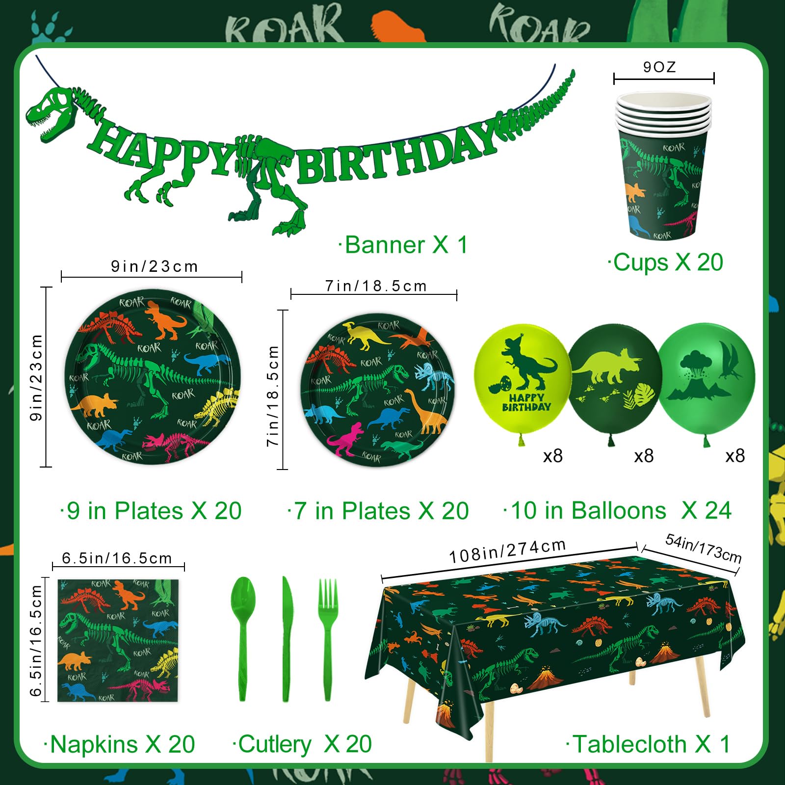 LINHAXM 166 PCS Dinosaur Birthday Decorations Kit – Plates, Cups, Banner, Tablecloth, Balloons for 20