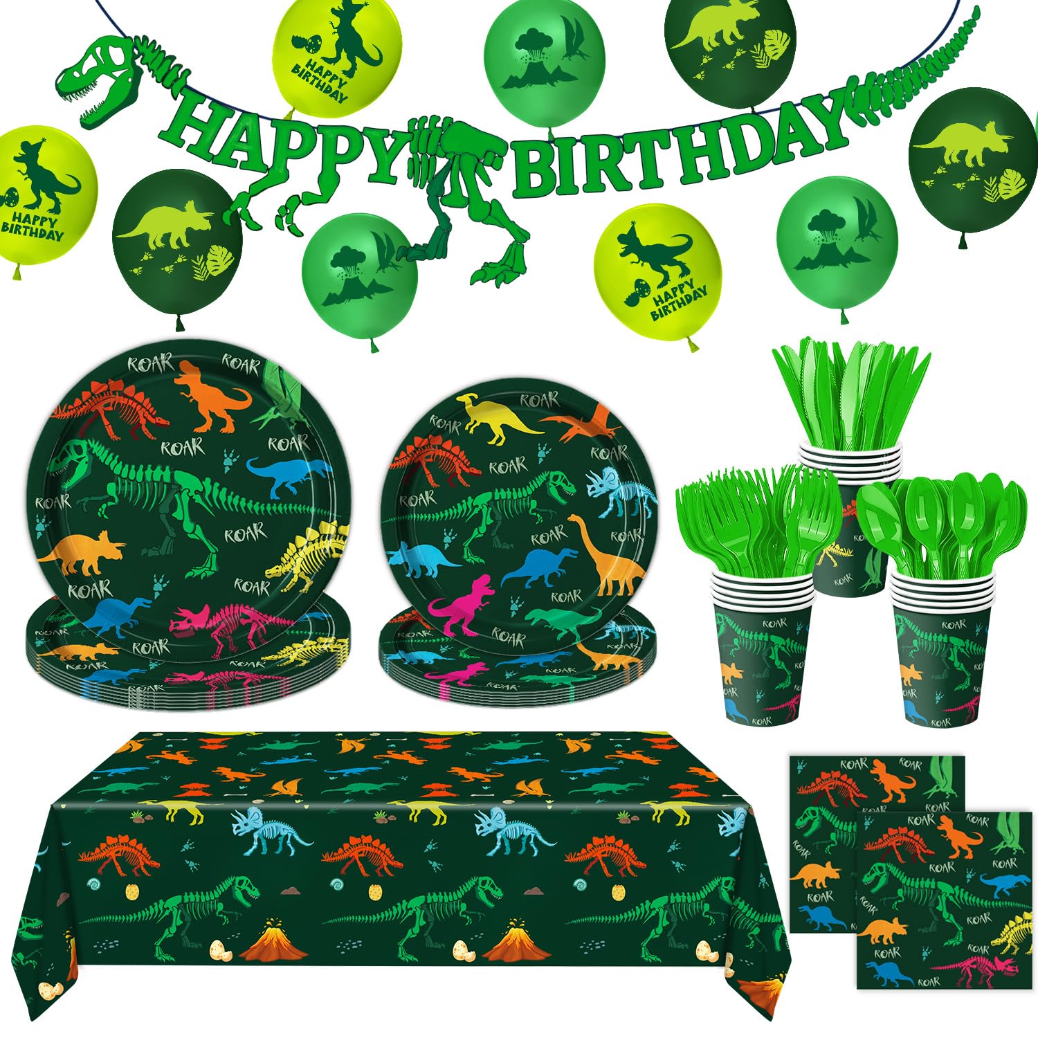 LINHAXM 166 PCS Dinosaur Birthday Decorations Kit – Plates, Cups, Banner, Tablecloth, Balloons for 20