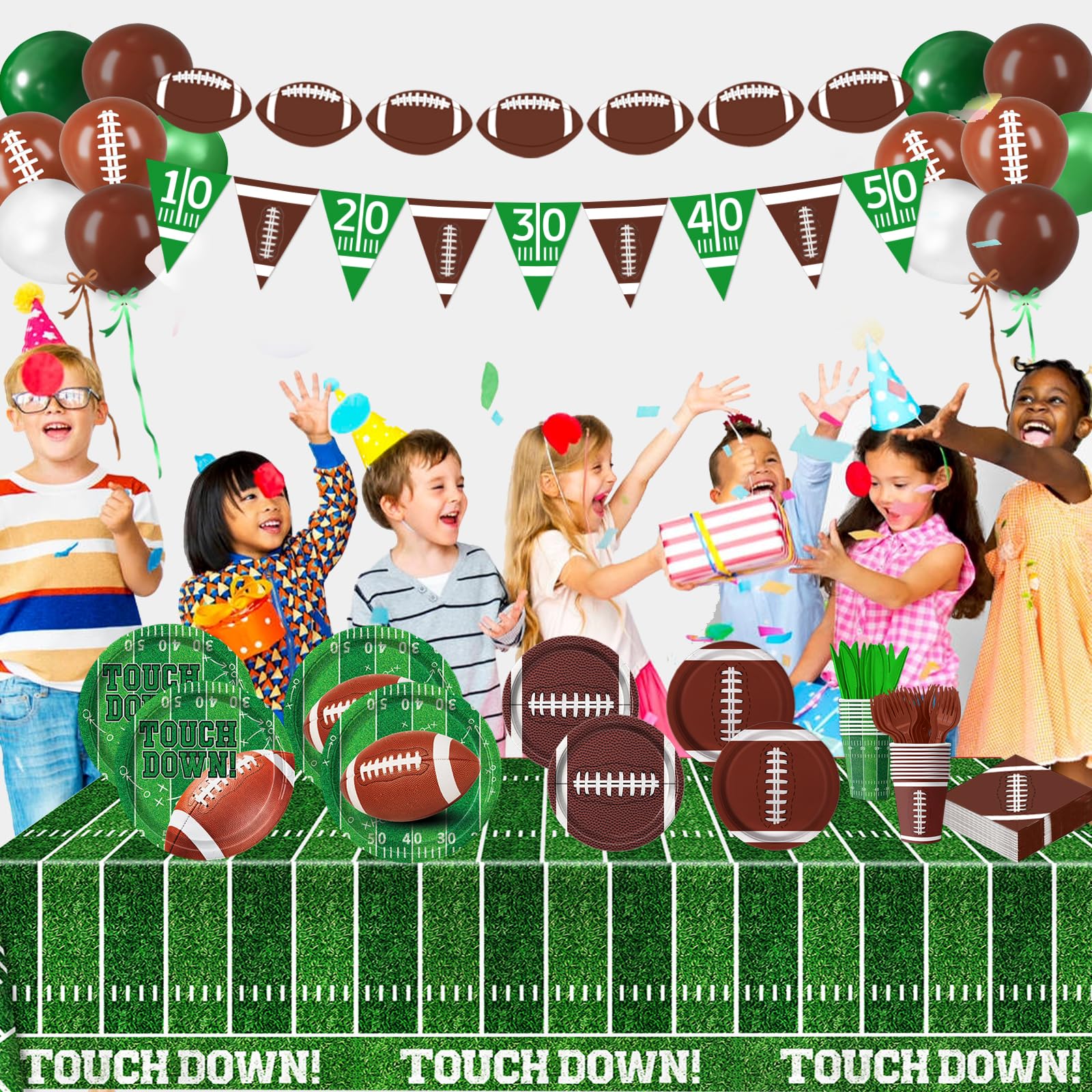 LINHAXM Football Party Decorations – Complete 24-Guest Tailgate Set with Plates, Napkins, Cups, Banner, Balloons & Tablecloth