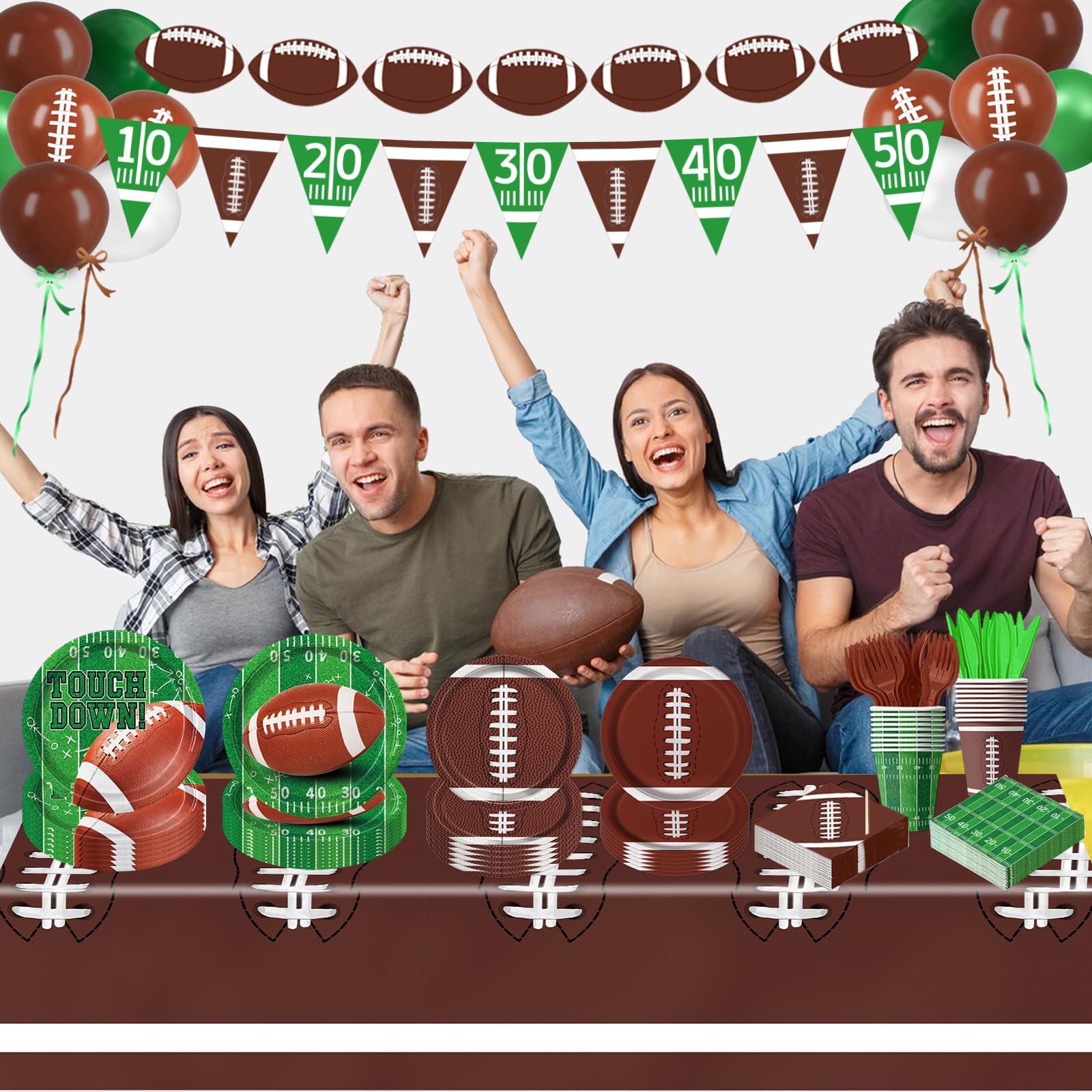 LINHAXM Football Party Decorations – Complete 24-Guest Tailgate Set with Plates, Napkins, Cups, Banner, Balloons & Tablecloth