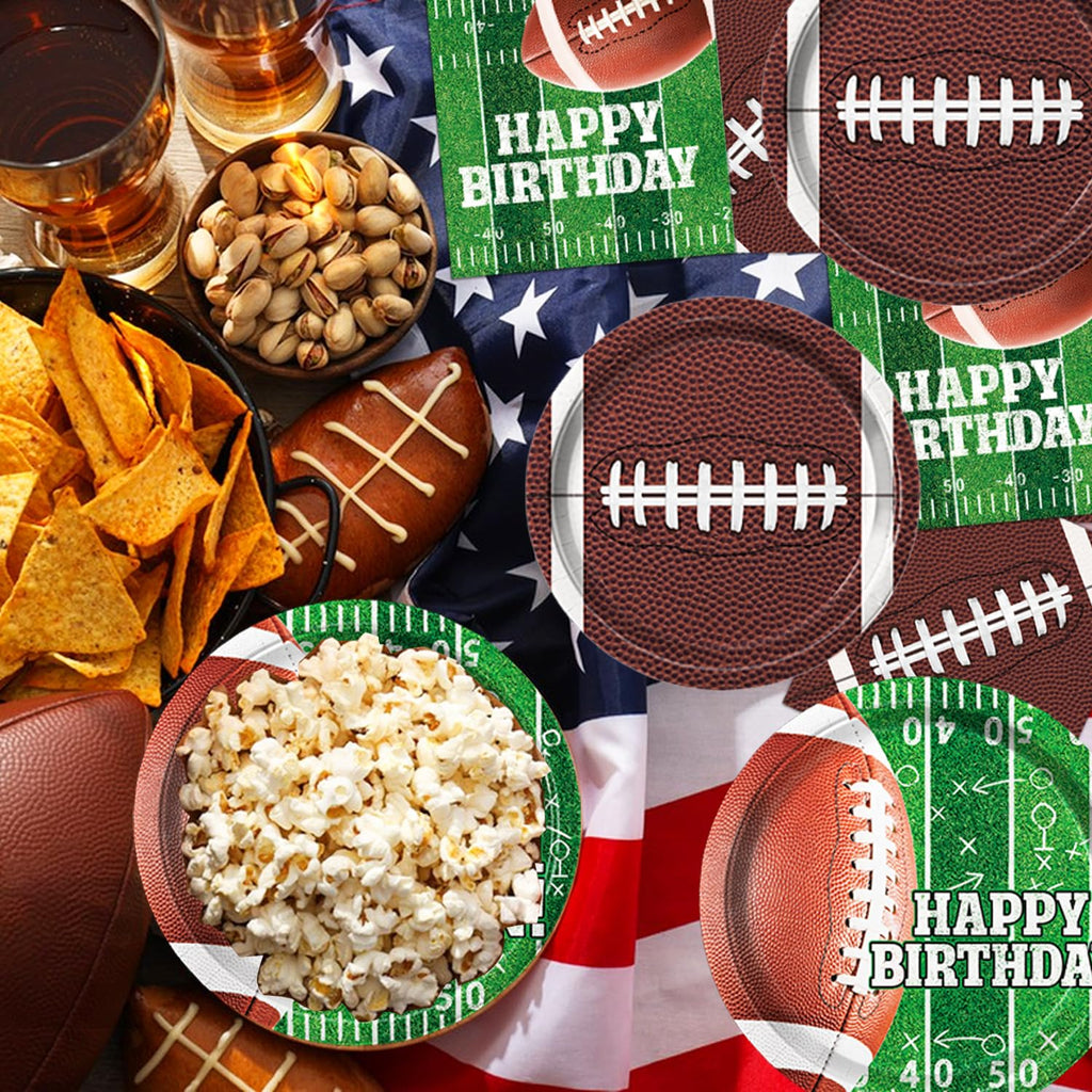 LINHAXM Football Birthday Party Decorations Kit for 24 — Plates, Napkins, Cups, Banner, Balloons & Tablecloth