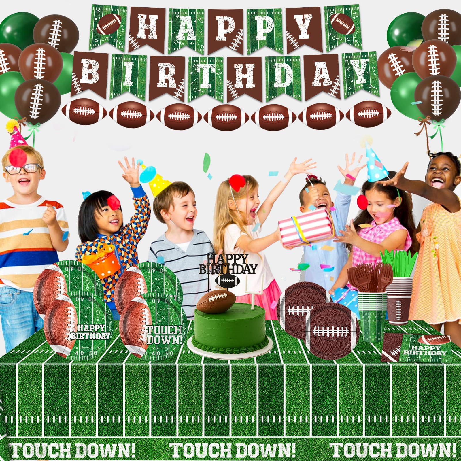 LINHAXM Football Birthday Party Decorations Kit for 24 — Plates, Napkins, Cups, Banner, Balloons & Tablecloth