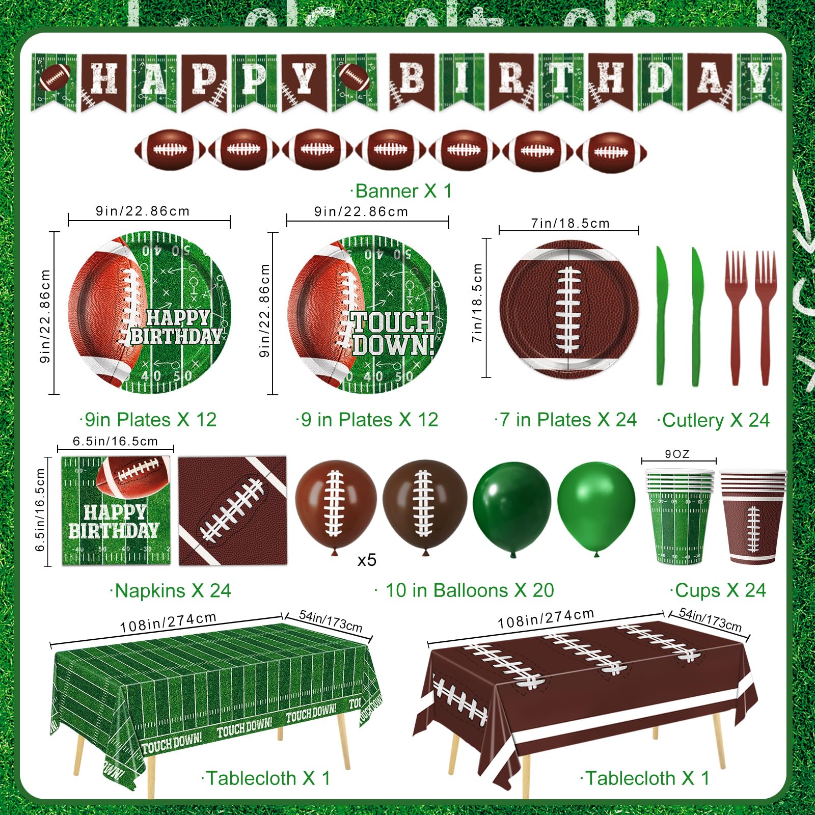 LINHAXM Football Birthday Party Decorations Kit for 24 — Plates, Napkins, Cups, Banner, Balloons & Tablecloth