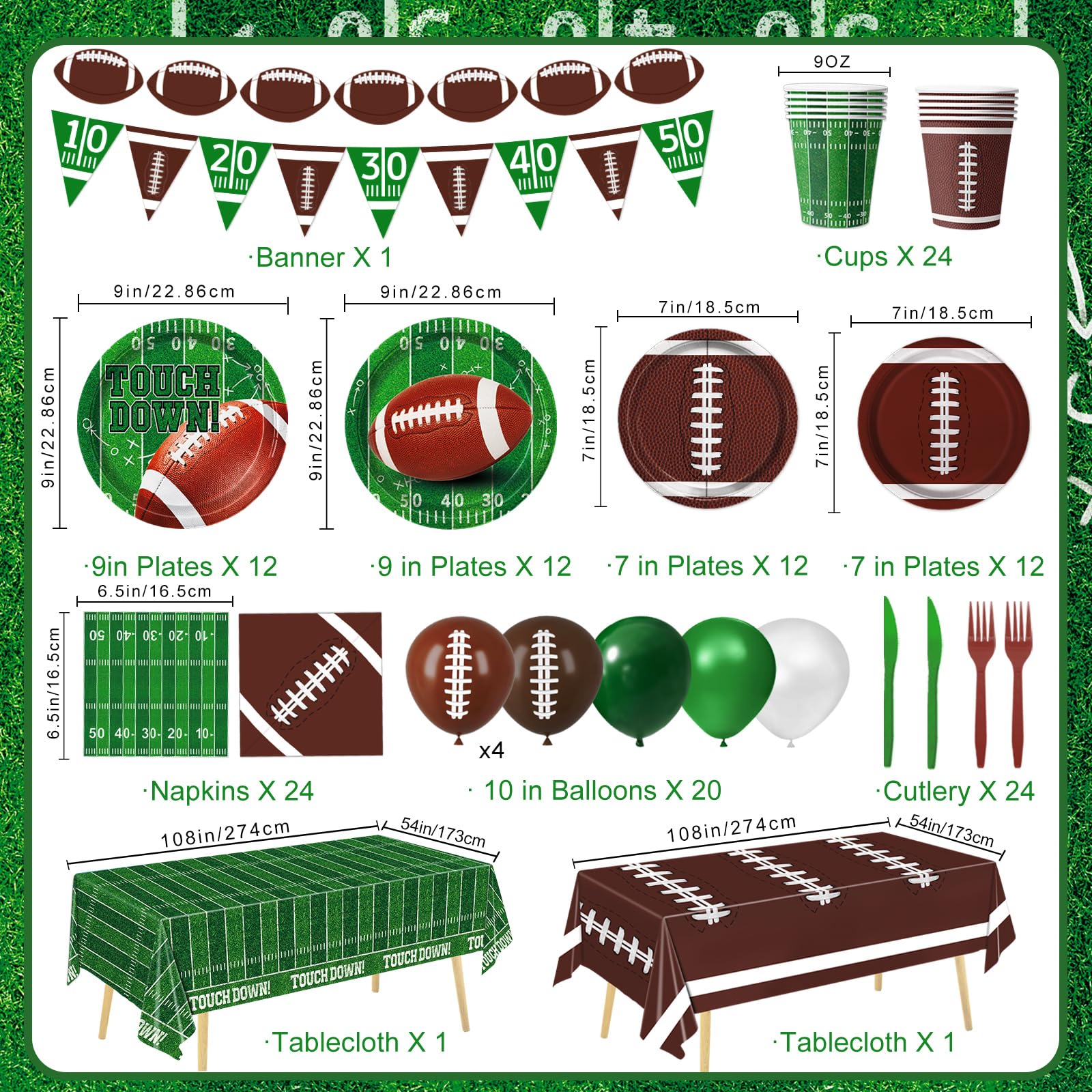 LINHAXM Football Party Decorations – Complete 24-Guest Tailgate Set with Plates, Napkins, Cups, Banner, Balloons & Tablecloth