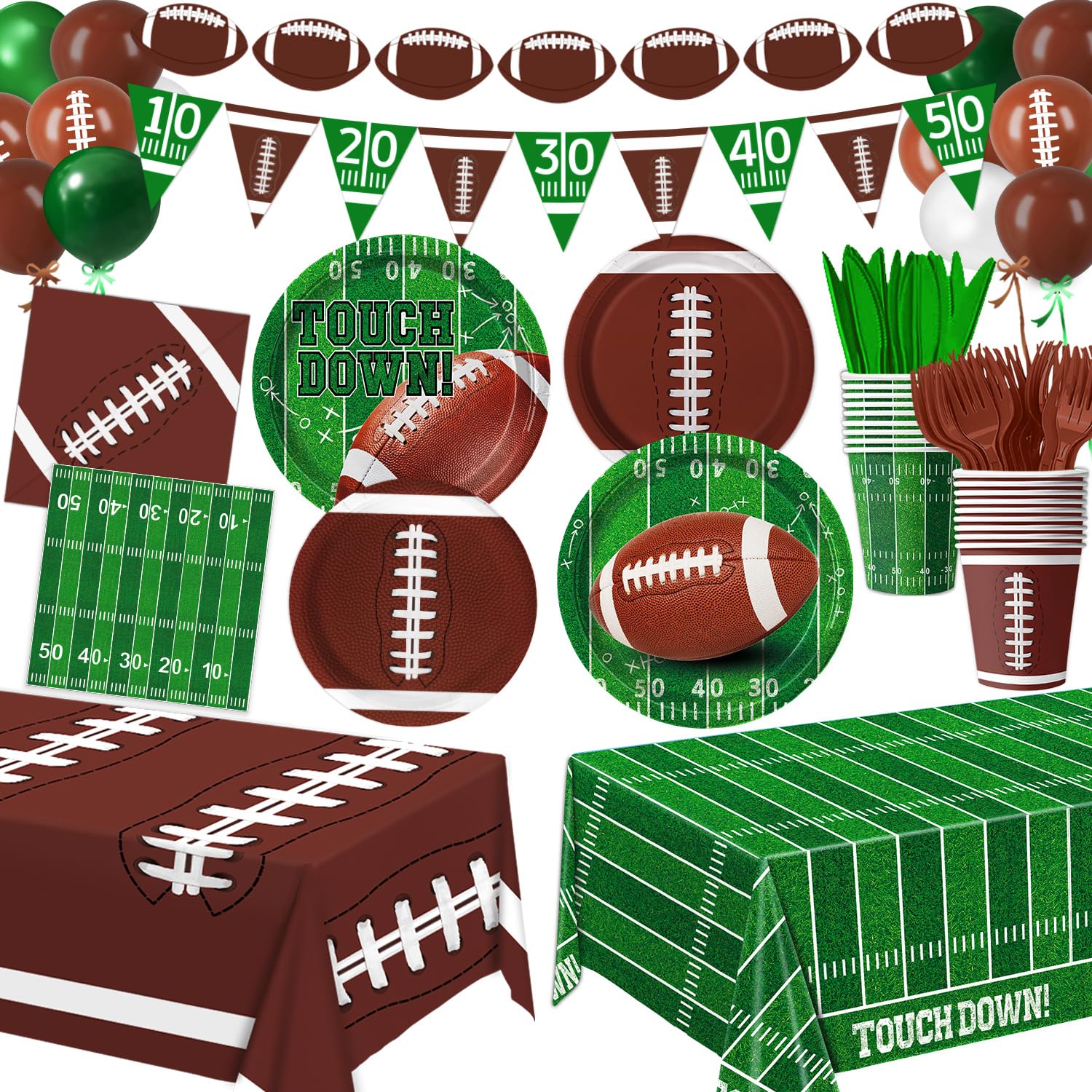 LINHAXM Football Party Decorations – Complete 24-Guest Tailgate Set with Plates, Napkins, Cups, Banner, Balloons & Tablecloth