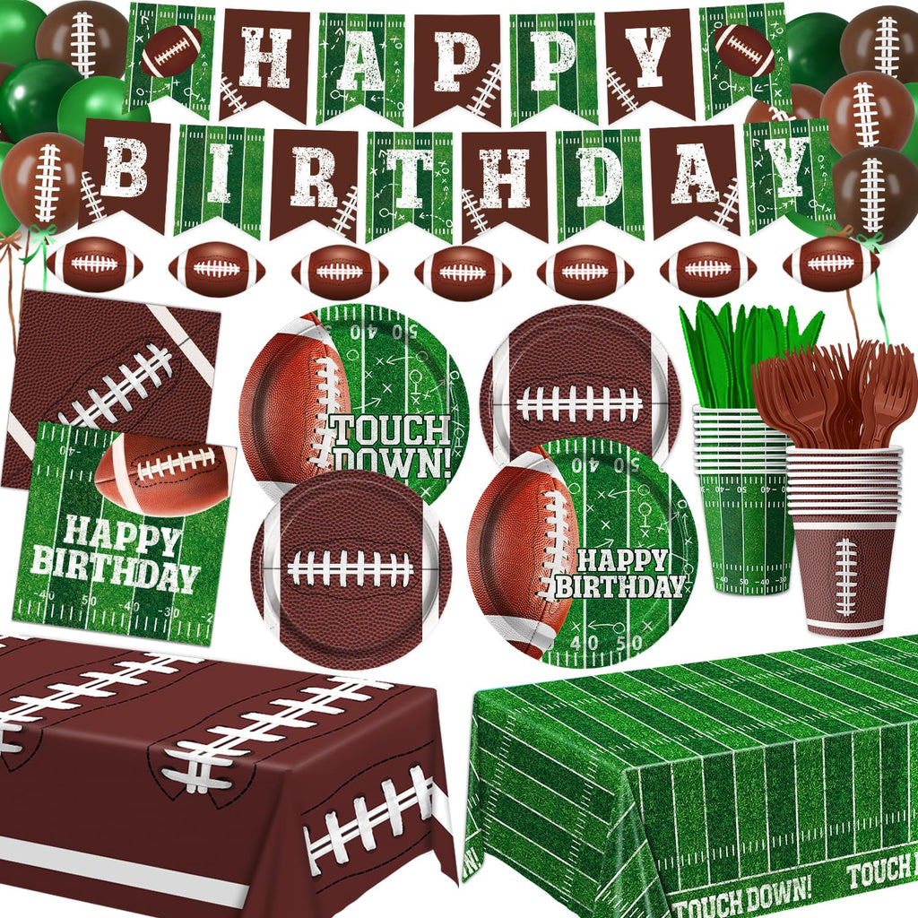 LINHAXM Football Birthday Party Decorations Kit for 24 — Plates, Napkins, Cups, Banner, Balloons & Tablecloth