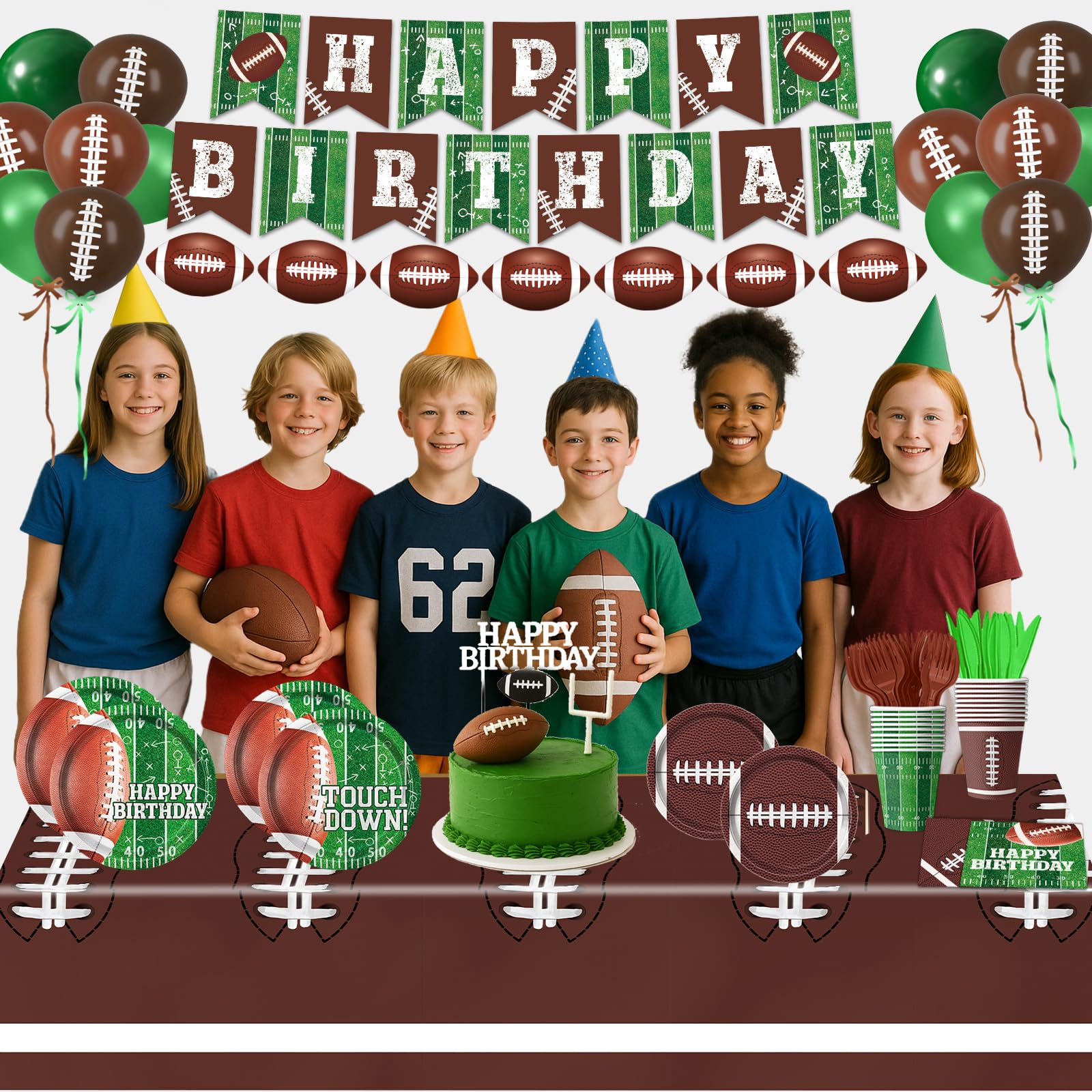 LINHAXM Football Birthday Party Decorations Kit for 24 — Plates, Napkins, Cups, Banner, Balloons & Tablecloth