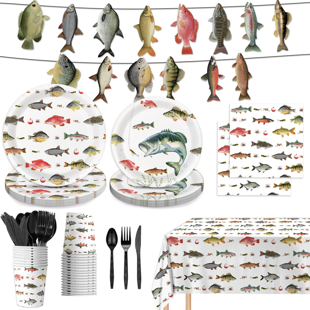 LINHAXM 170PCS Fishing Birthday Party Decorations – Gone Fishing Tableware Set with Plates, Cups, Cutlery, Banner, Tablecloth