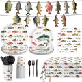 LINHAXM 170PCS Fishing Birthday Party Decorations – Gone Fishing Tableware Set with Plates, Cups, Cutlery, Banner, Tablecloth