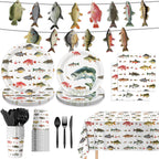 LINHAXM 170PCS Fishing Birthday Party Decorations – Gone Fishing Tableware Set with Plates, Cups, Cutlery, Banner, Tablecloth