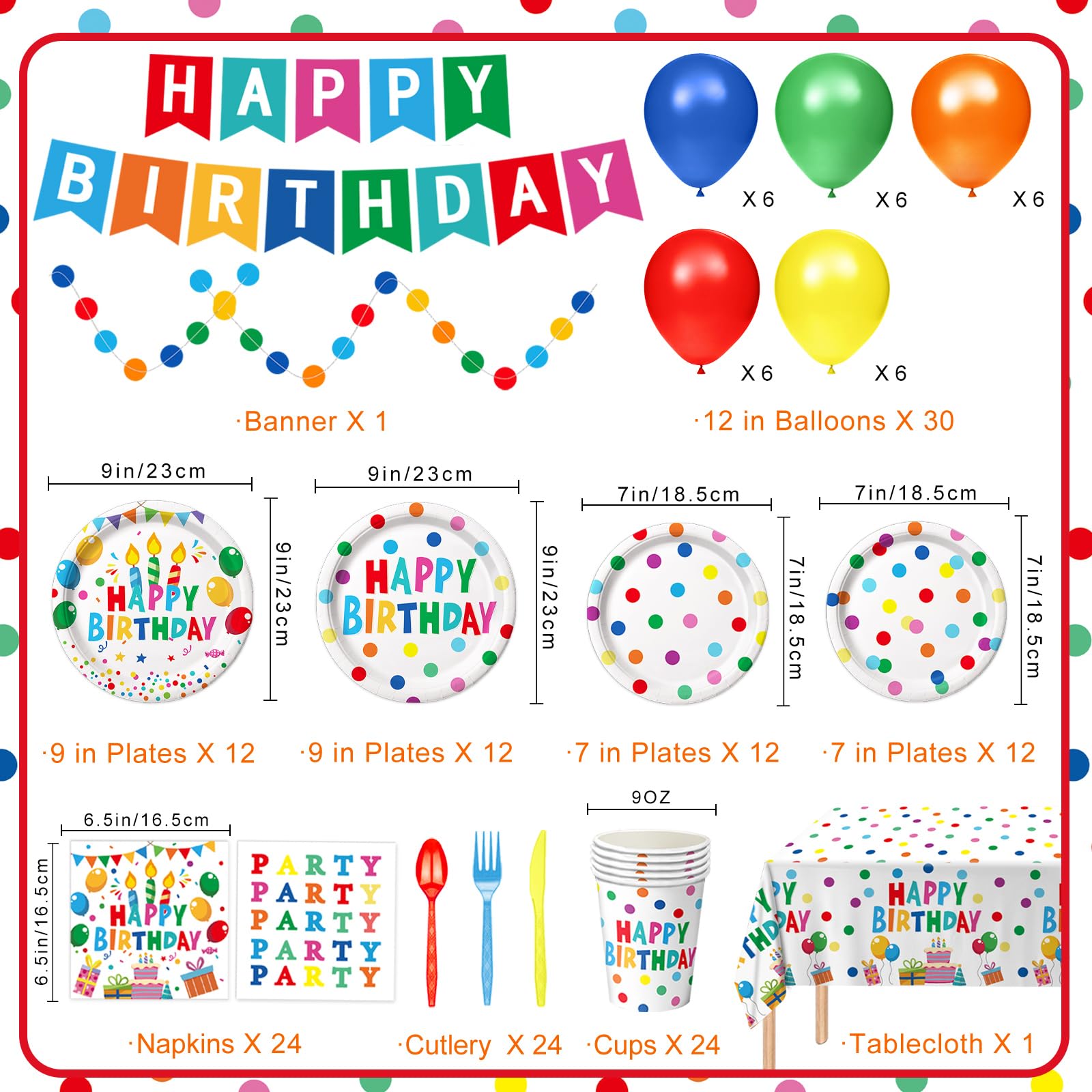 LINHAXM Happy Birthday Decorations - Colorful Dots Party Kit for 24 Guests