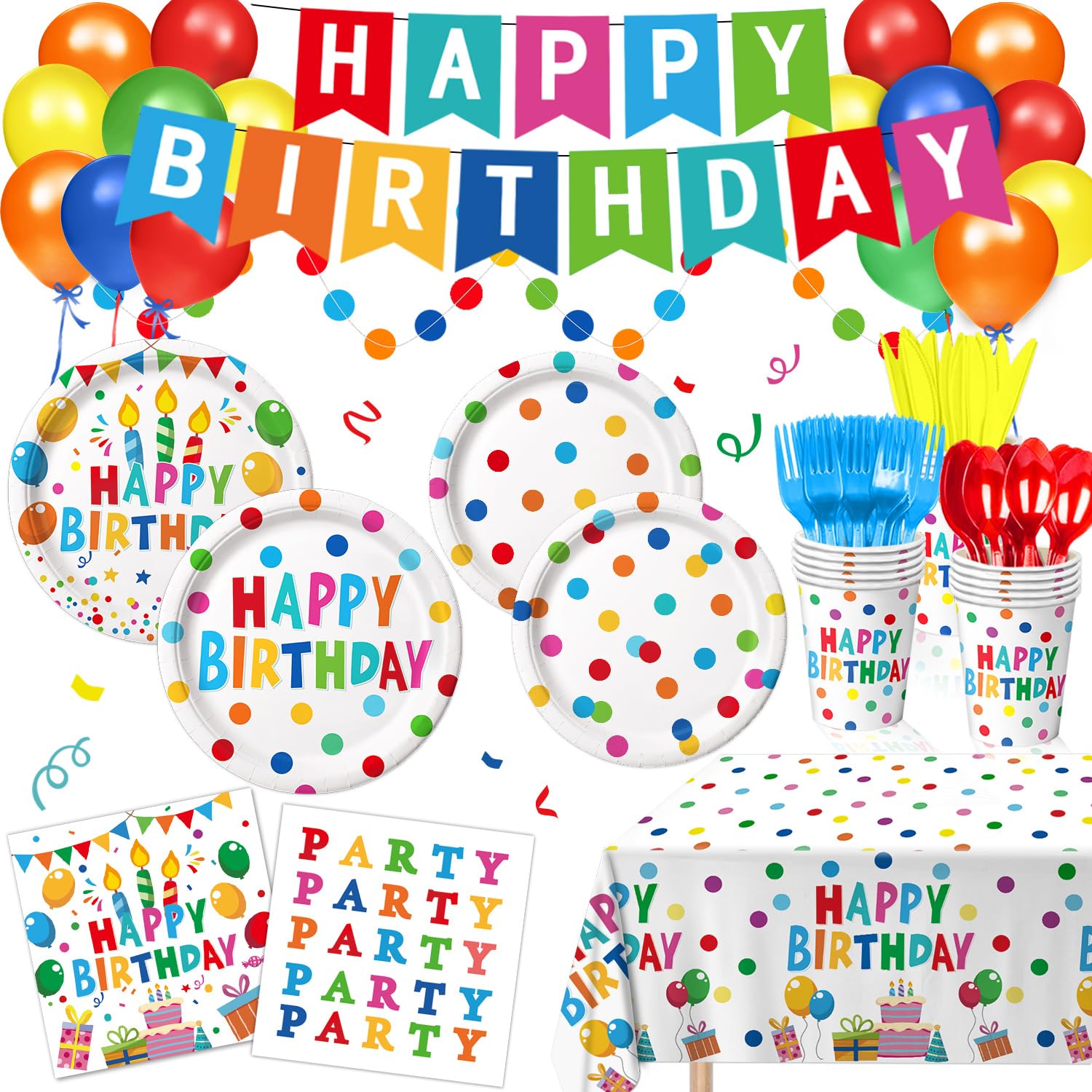 LINHAXM Happy Birthday Decorations - Colorful Dots Party Kit for 24 Guests
