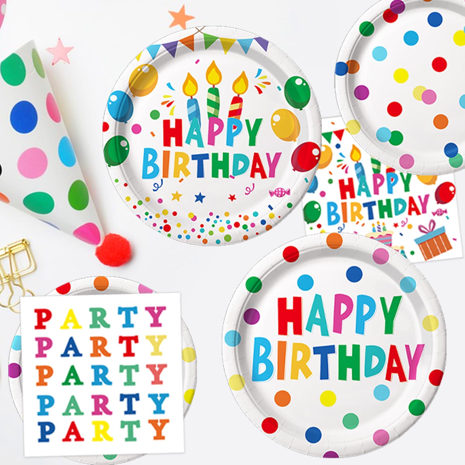 LINHAXM Happy Birthday Decorations - Colorful Dots Party Kit for 24 Guests