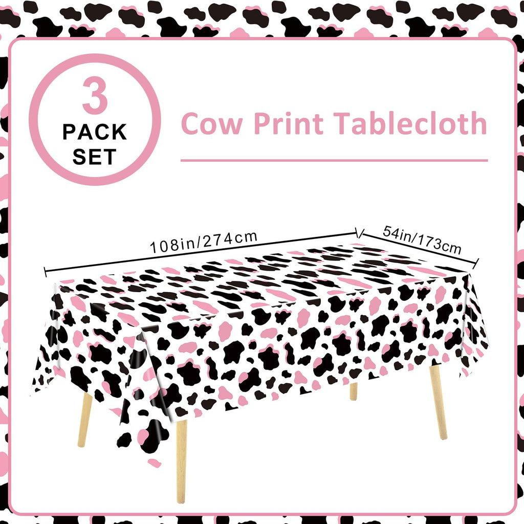 LINHAXM 3 Pack Pink Cow Print Tablecloth – 54 x 108 in | Cowgirl Birthday Party Decor