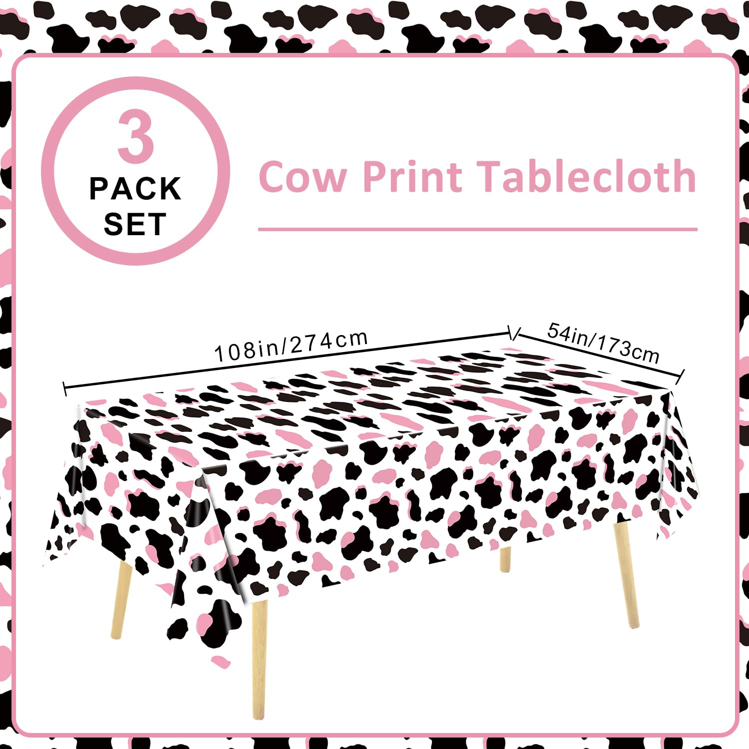 LINHAXM 3 Pack Pink Cow Print Tablecloth – 54 x 108 in | Cowgirl Birthday Party Decor