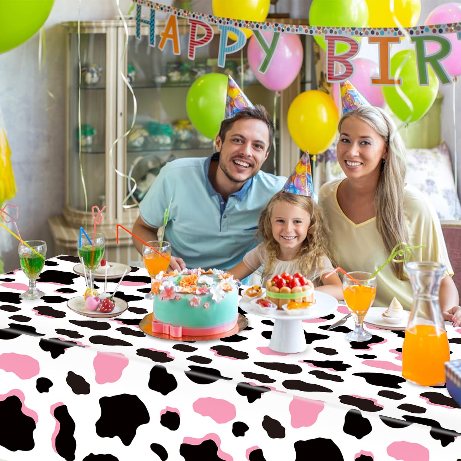 LINHAXM 3 Pack Pink Cow Print Tablecloth – 54 x 108 in | Cowgirl Birthday Party Decor