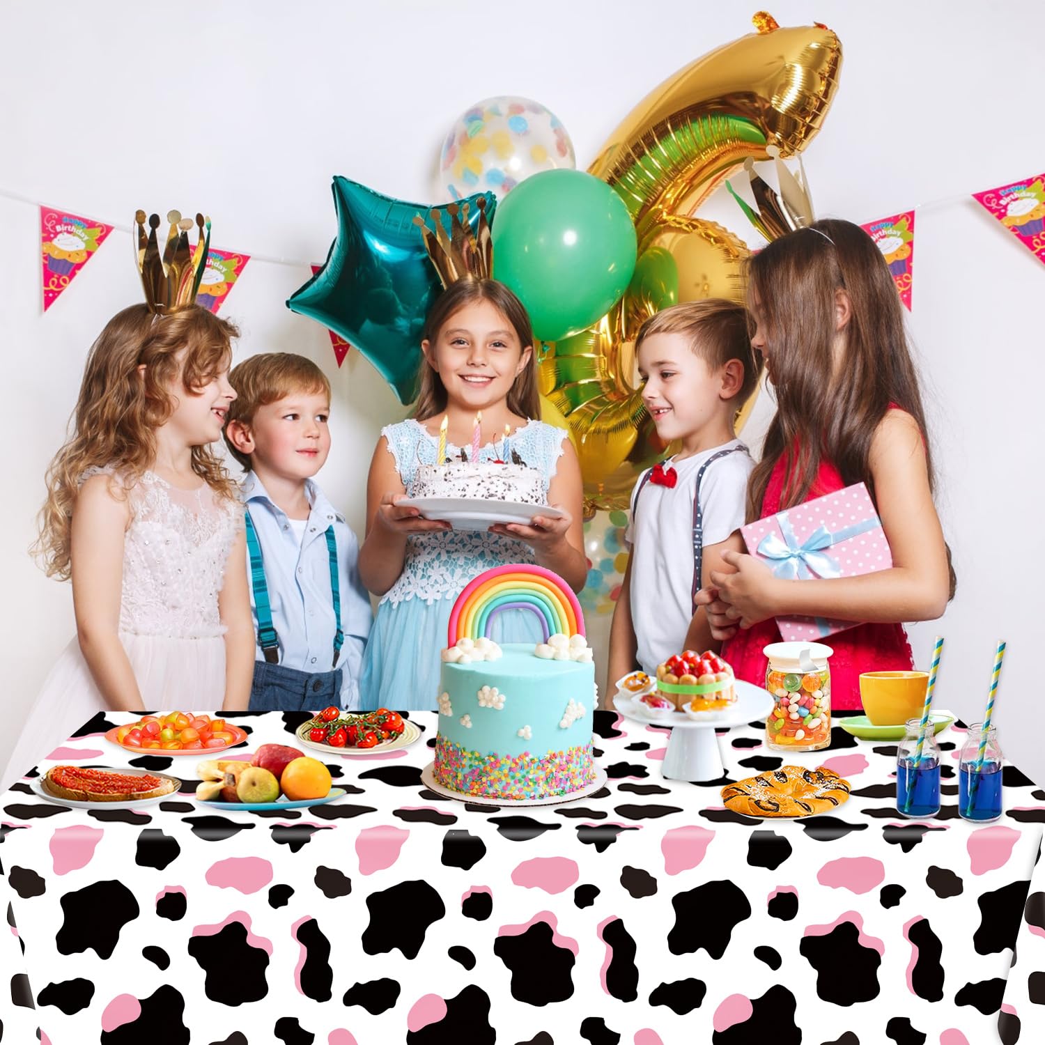 LINHAXM 3 Pack Pink Cow Print Tablecloth – 54 x 108 in | Cowgirl Birthday Party Decor