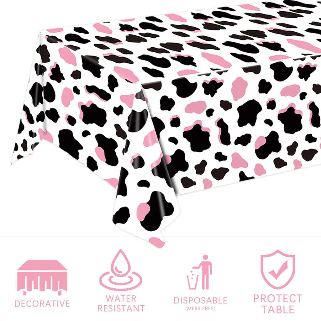 LINHAXM 3 Pack Pink Cow Print Tablecloth – 54 x 108 in | Cowgirl Birthday Party Decor
