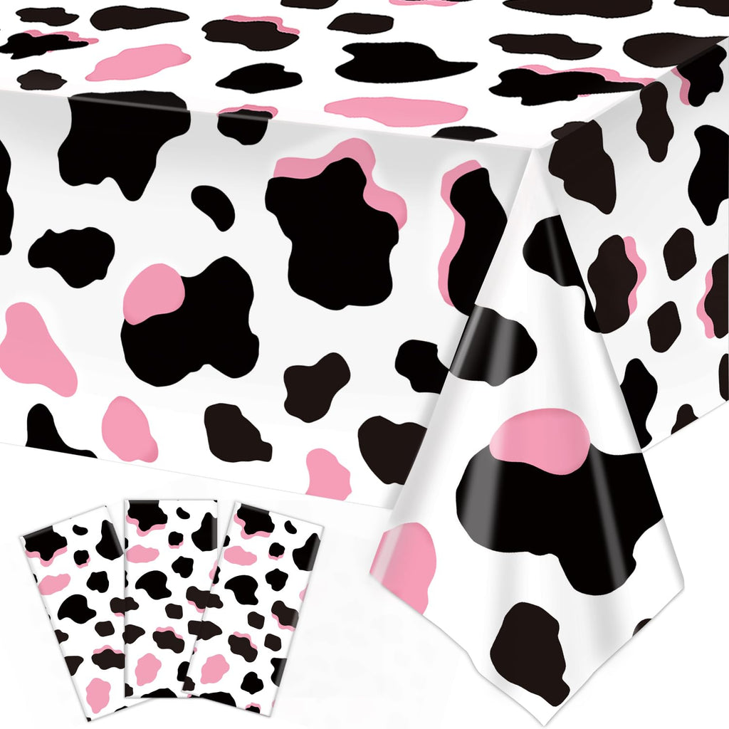 LINHAXM 3 Pack Pink Cow Print Tablecloth – 54 x 108 in | Cowgirl Birthday Party Decor