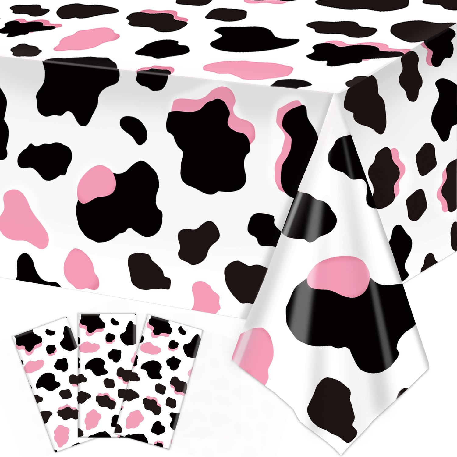 LINHAXM 3 Pack Pink Cow Print Tablecloth – 54 x 108 in | Cowgirl Birthday Party Decor