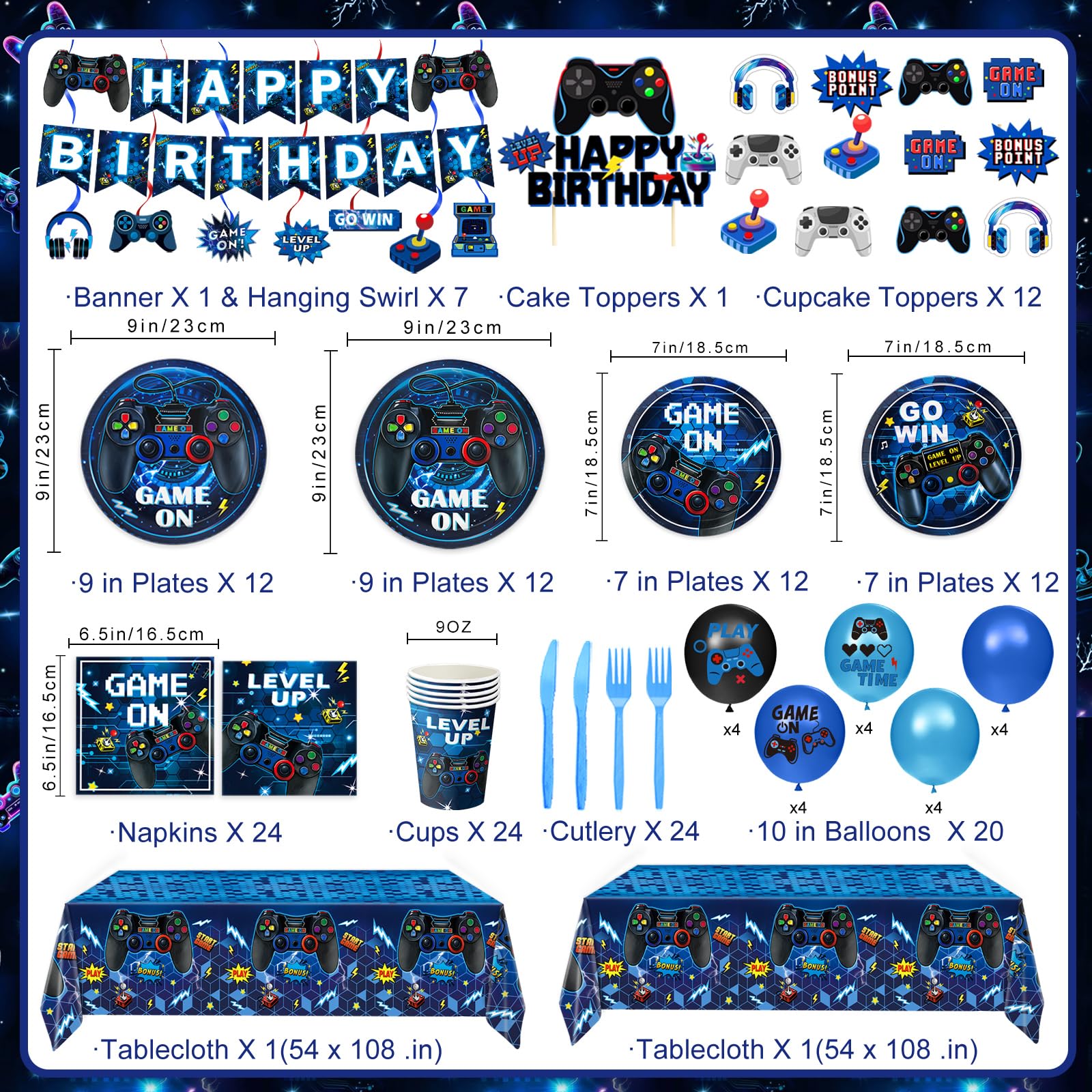 LINHAXM Video Game Birthday Decorations for 24 – Plates, Cups, Napkins & More