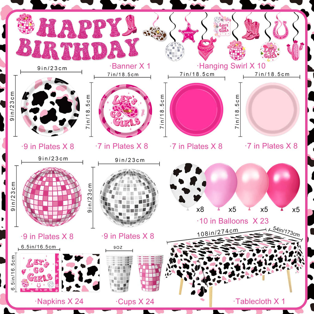 LINHAXM 131 PCS Cowgirl Birthday Party Decorations – Disco Western Party Kit Serves 24
