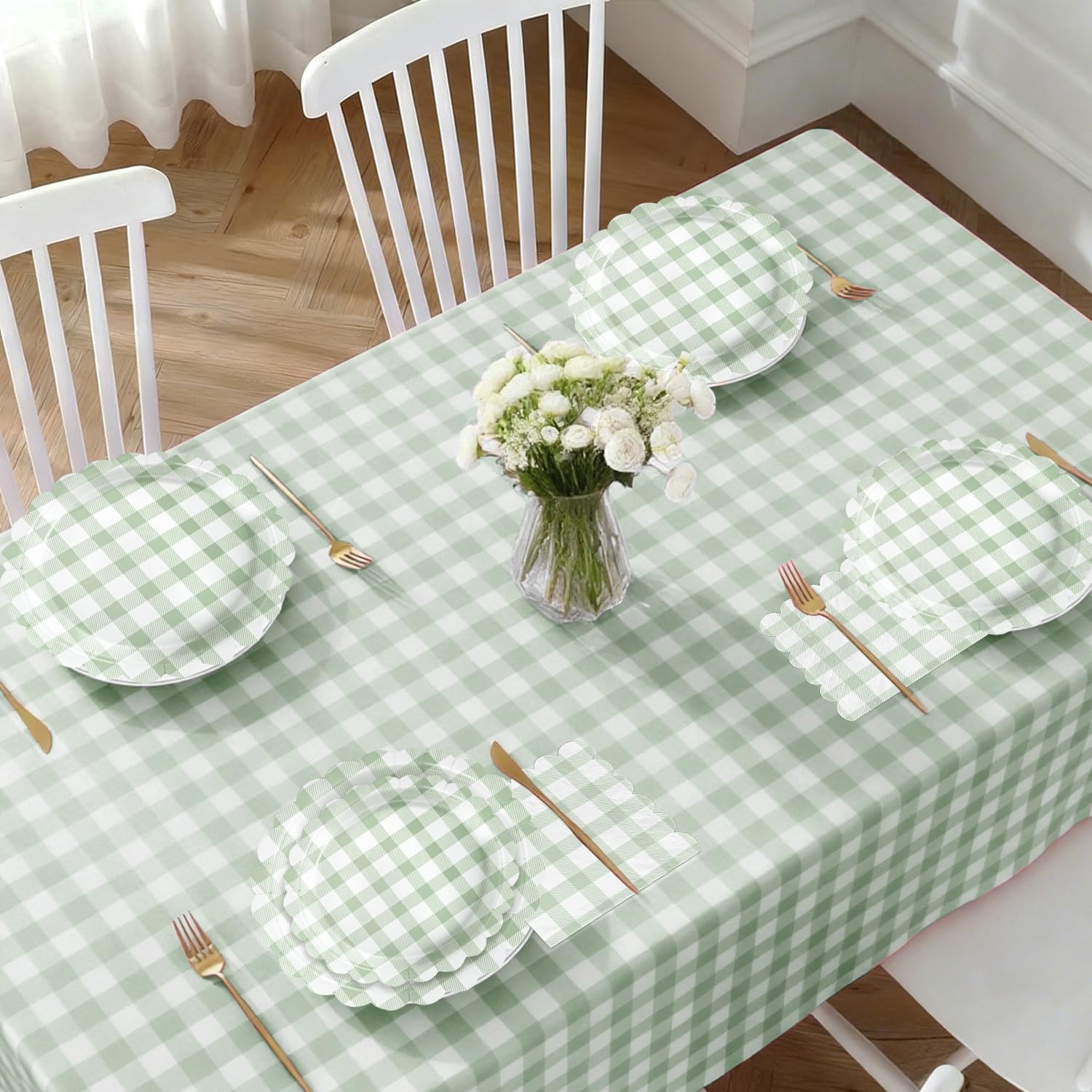 LINHAXM 102 PCS Sage Green Gingham Party Supplies – Scalloped Plates, Napkins, Cups, Banner & Tablecloth (Serves 25)