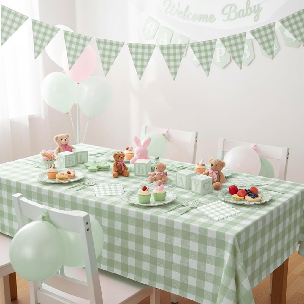 LINHAXM 102 PCS Sage Green Gingham Party Supplies – Scalloped Plates, Napkins, Cups, Banner & Tablecloth (Serves 25)