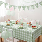LINHAXM 102 PCS Sage Green Gingham Party Supplies – Scalloped Plates, Napkins, Cups, Banner & Tablecloth (Serves 25)
