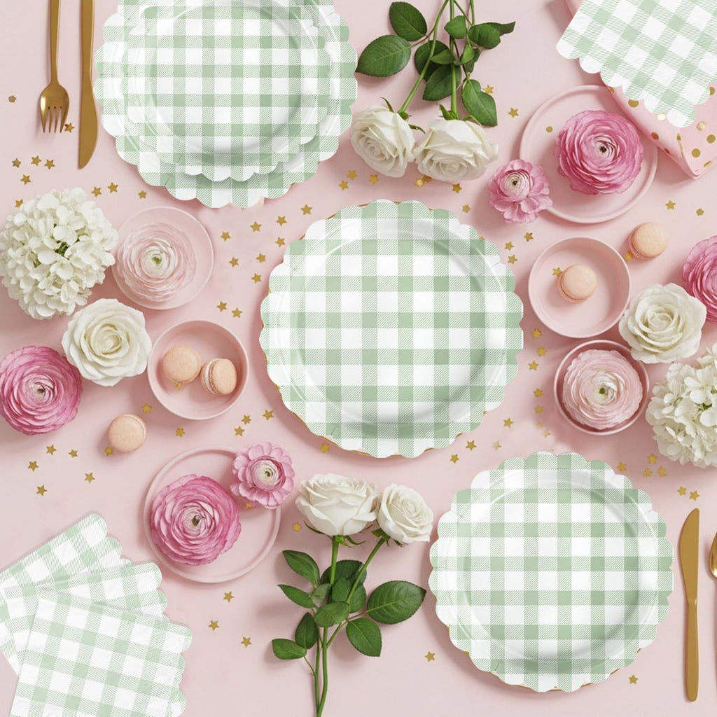 LINHAXM 102 PCS Sage Green Gingham Party Supplies – Scalloped Plates, Napkins, Cups, Banner & Tablecloth (Serves 25)