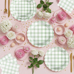 LINHAXM 102 PCS Sage Green Gingham Party Supplies – Scalloped Plates, Napkins, Cups, Banner & Tablecloth (Serves 25)