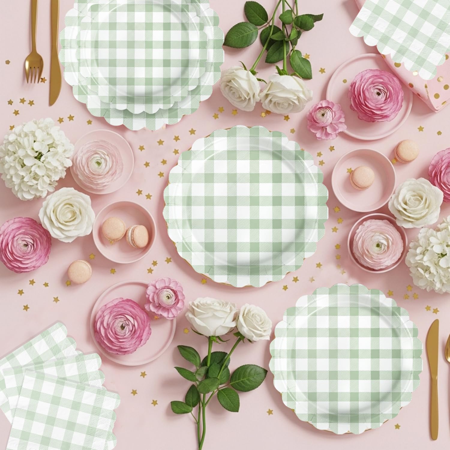 LINHAXM 102 PCS Sage Green Gingham Party Supplies – Scalloped Plates, Napkins, Cups, Banner & Tablecloth (Serves 25)