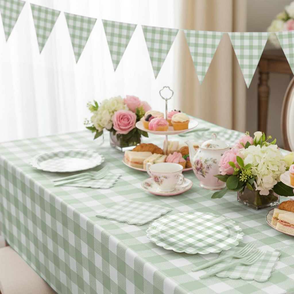 LINHAXM 102 PCS Sage Green Gingham Party Supplies – Scalloped Plates, Napkins, Cups, Banner & Tablecloth (Serves 25)