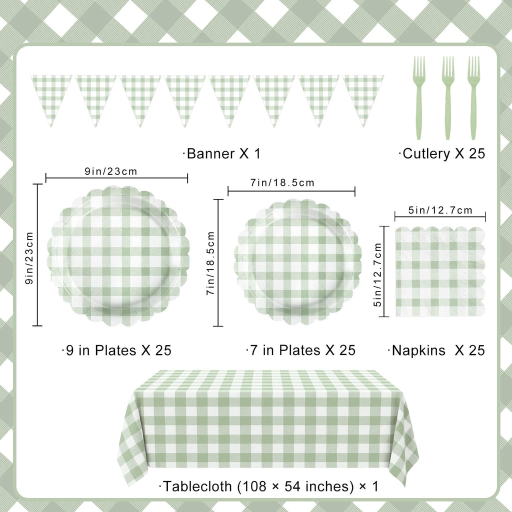 LINHAXM 102 PCS Sage Green Gingham Party Supplies – Scalloped Plates, Napkins, Cups, Banner & Tablecloth (Serves 25)