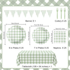 LINHAXM 102 PCS Sage Green Gingham Party Supplies – Scalloped Plates, Napkins, Cups, Banner & Tablecloth (Serves 25)