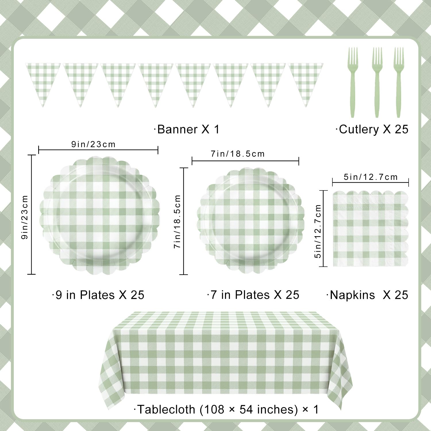 LINHAXM 102 PCS Sage Green Gingham Party Supplies – Scalloped Plates, Napkins, Cups, Banner & Tablecloth (Serves 25)