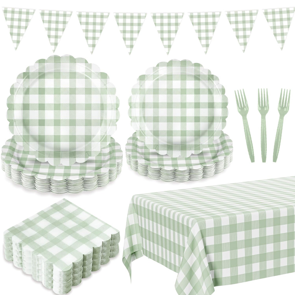 LINHAXM 102 PCS Sage Green Gingham Party Supplies – Scalloped Plates, Napkins, Cups, Banner & Tablecloth (Serves 25)