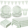 LINHAXM 102 PCS Sage Green Gingham Party Supplies – Scalloped Plates, Napkins, Cups, Banner & Tablecloth (Serves 25)
