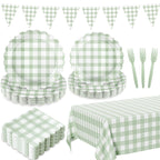 LINHAXM 102 PCS Sage Green Gingham Party Supplies – Scalloped Plates, Napkins, Cups, Banner & Tablecloth (Serves 25)