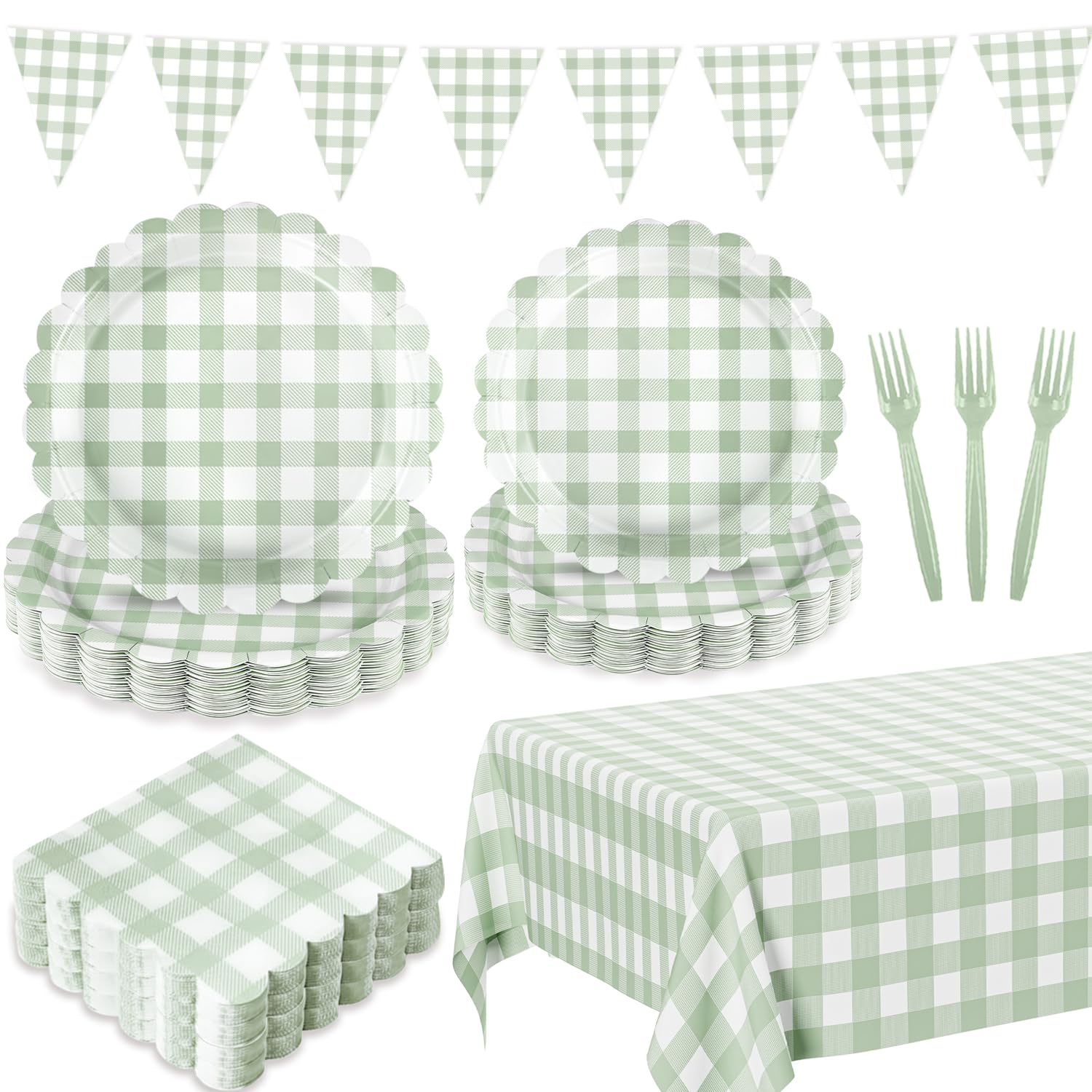 LINHAXM 102 PCS Sage Green Gingham Party Supplies – Scalloped Plates, Napkins, Cups, Banner & Tablecloth (Serves 25)