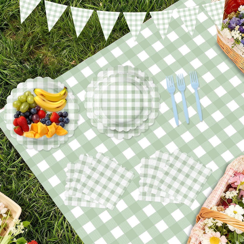 LINHAXM 102 PCS Sage Green Gingham Party Supplies – Scalloped Plates, Napkins, Cups, Banner & Tablecloth (Serves 25)