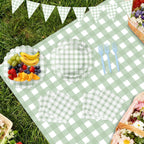 LINHAXM 102 PCS Sage Green Gingham Party Supplies – Scalloped Plates, Napkins, Cups, Banner & Tablecloth (Serves 25)