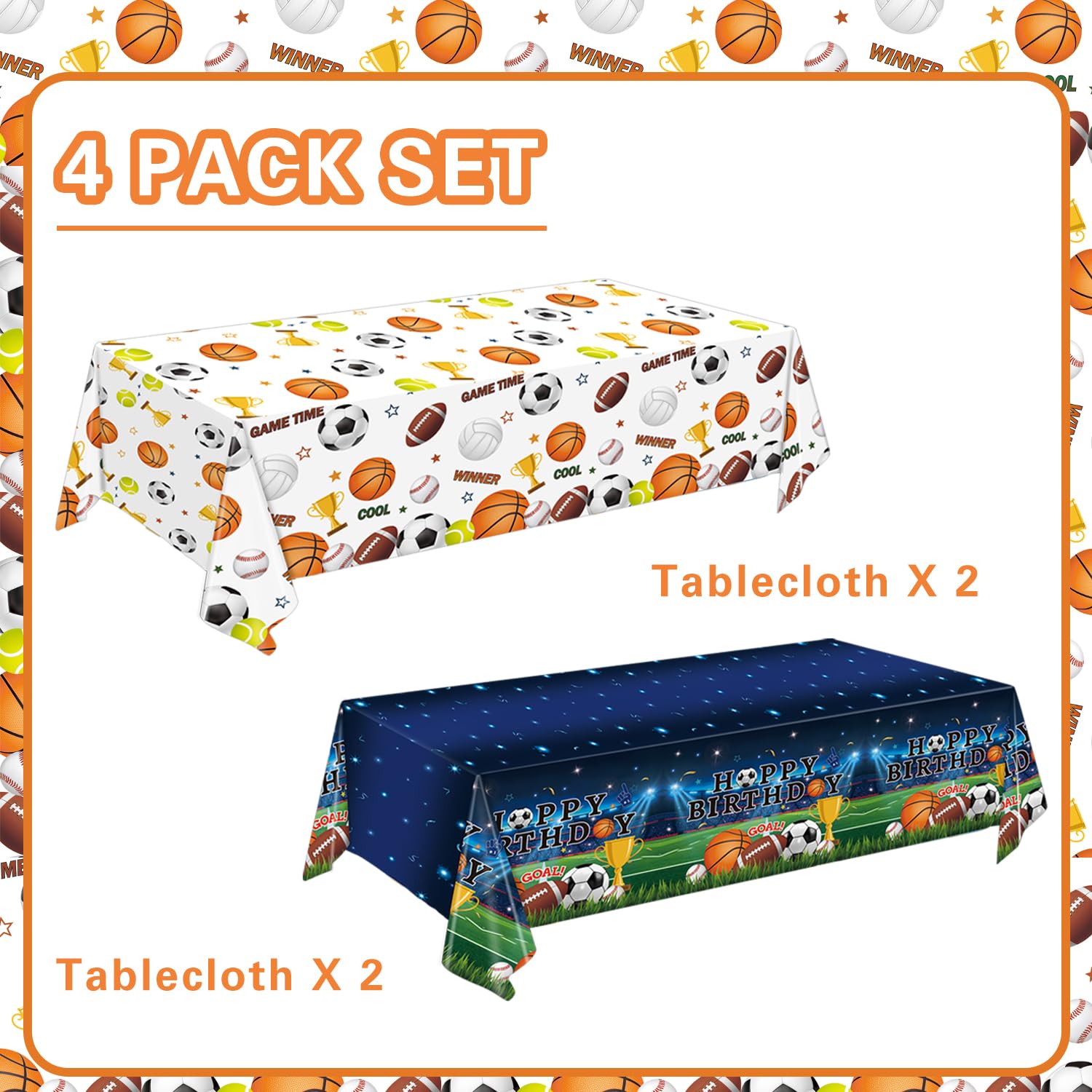 LINHAXM 4 Pack Sports Tablecloths – 54 x 108 in, Multicolor, Spill-Resistant & Wipe Clean
