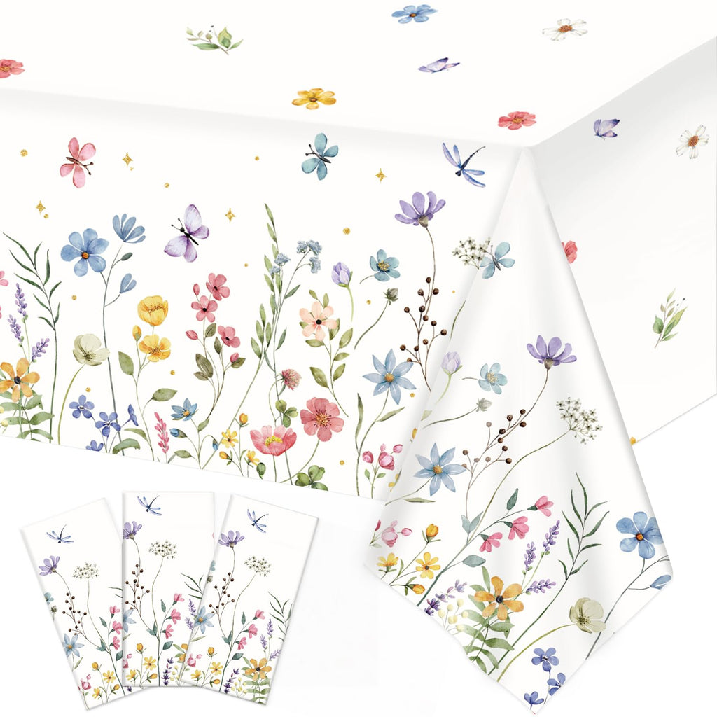LINHAXM 3 Pack Spring Floral Tablecloths – 54 by 108 inches | Wildflower Butterflies