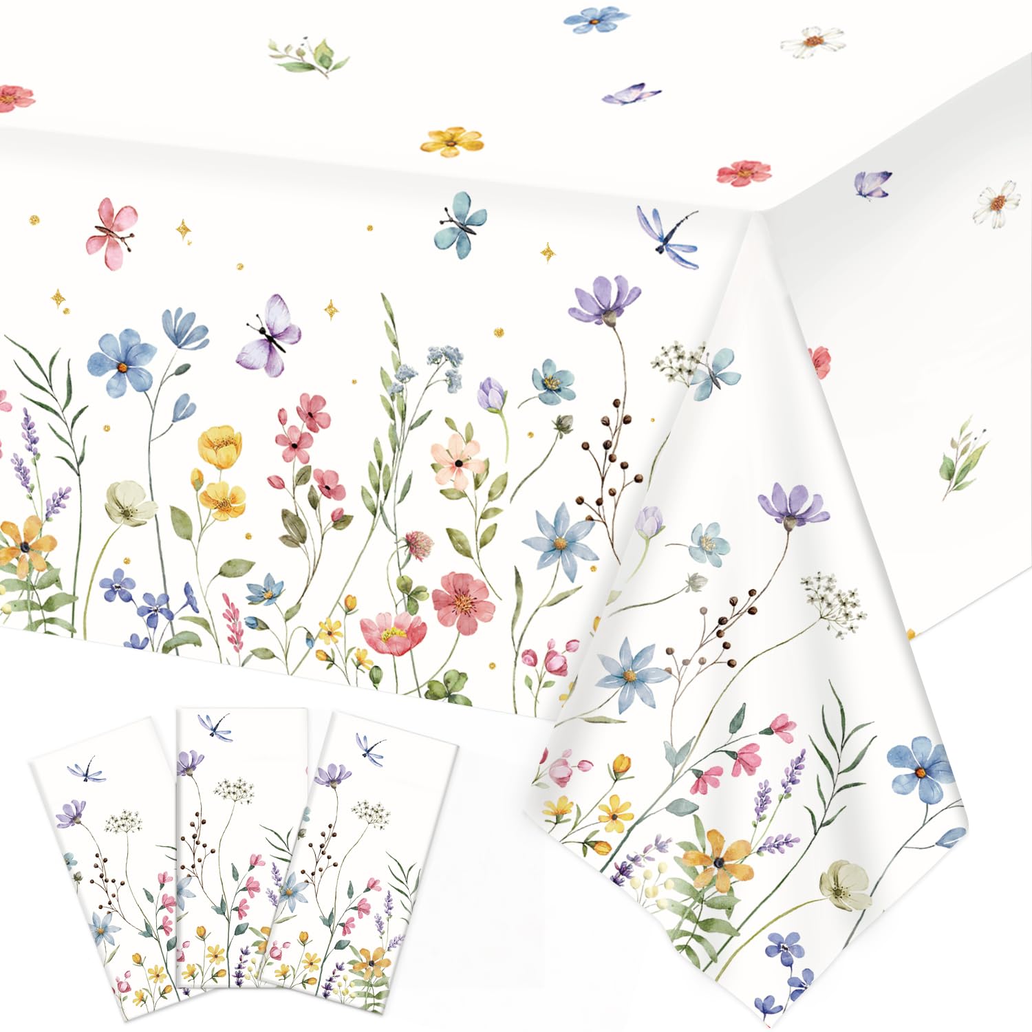 LINHAXM 3 Pack Spring Floral Tablecloths – 54 by 108 inches | Wildflower Butterflies